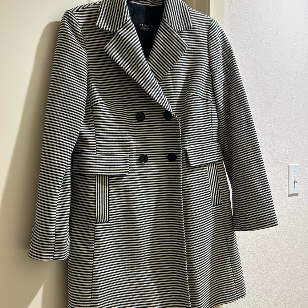 Talbots Women's Striped Pea Coat - Navy and white
